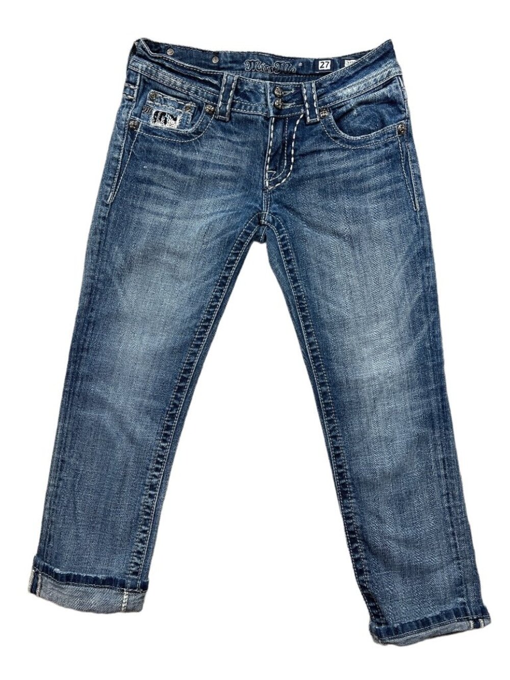 Miss Me Womens Capri Cropped Jeans Size 27 Distressed Denim With Sequins & Rhine
